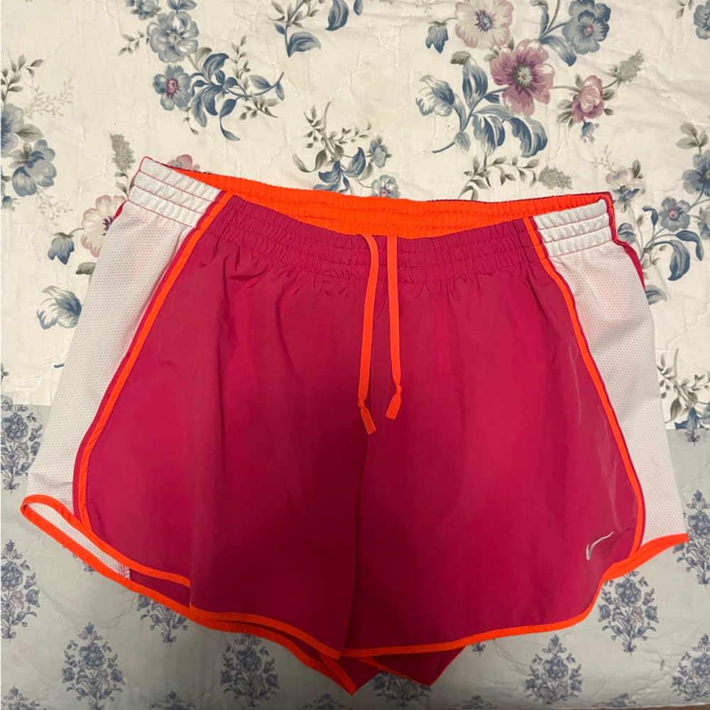Nike Dri Fit Running Shorts (Size L, Pink with Orange and White Accents)